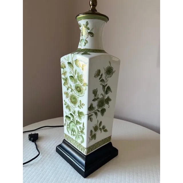Mid 20th Century Chinese Hand Painted Green & Gold Porcelain Table Lamp With Shade For Sale - Image 10 of 12