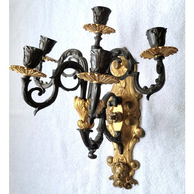 Traditional Antique 19thc French Empire Gilt & Patinated Bronze 5 Light Candelabra Wall Sconce - Male Mask For Sale - Image 3 of 15