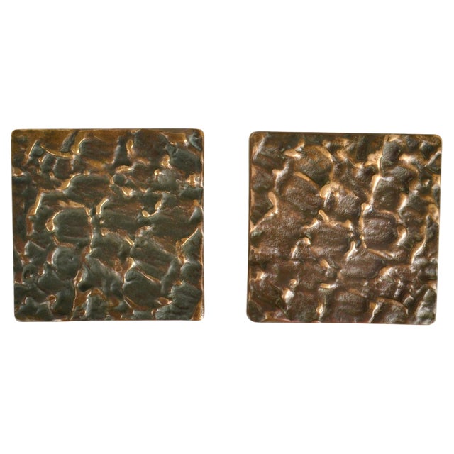 Square Bronze Push Pull Door Handles with Subtile Relief, 1970s, Set of 2 For Sale