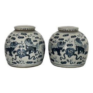 19th Century Qing Chinese Blue and White Antique Storage/Ginger Jars With Foo Lions - A Pair For Sale