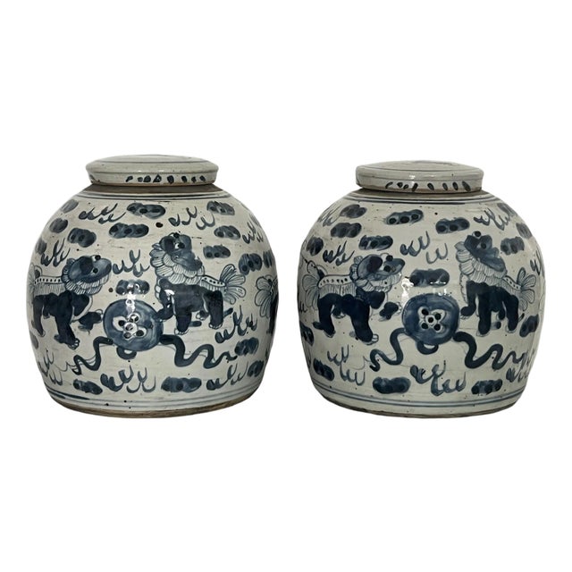19th Century Qing Chinese Blue and White Antique Storage/Ginger Jars With Foo Lions - A Pair For Sale