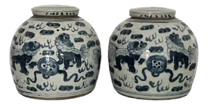 19th Century Qing Chinese Blue and White Storage/Ginger Jars With Foo Lions - A Pair