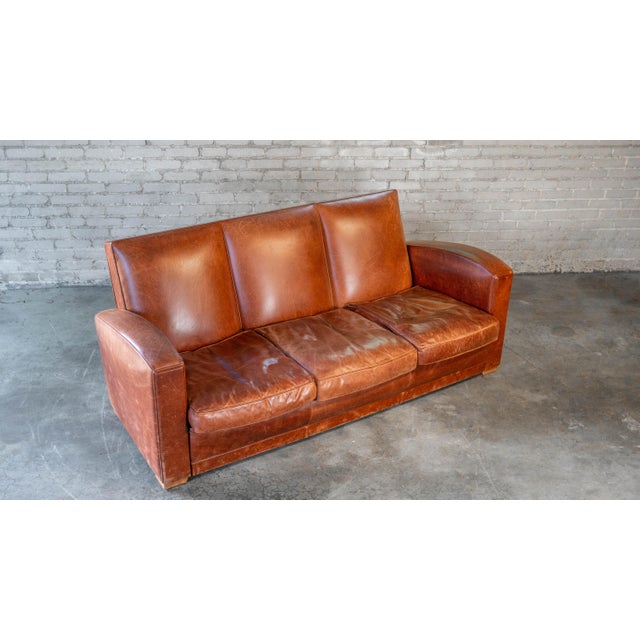 Vintage Art Deco Cognac Leather Sofa For Sale - Image 9 of 16
