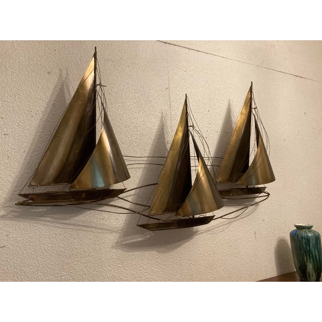 Curtis Jere 1970s Mid 20th Century Brutalist Brass Sailboat Wall Art Sculpture by Curtis Jere - Signed For Sale - Image 4 of 7