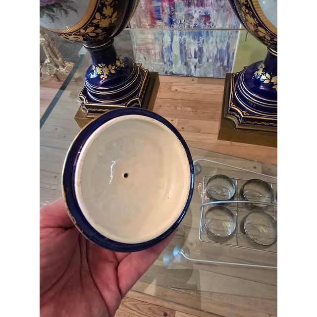 Antique Cobalt Blue Porcelain Pr Urns Attributed to Sevres For Sale - Image 11 of 17