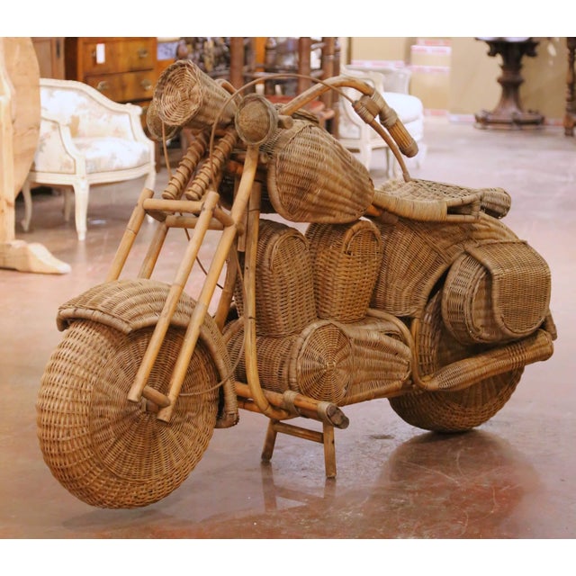 This striking vintage wicker motorcycle sculpture is an exceptional example of late 20th-century sculptural design,...