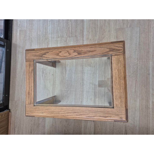 Mid-Century Modern Vintage Drexel Style Heritage Accolade Collection Glass-Top End Tables With Oak Wood Frames. For Sale - Image 3 of 9