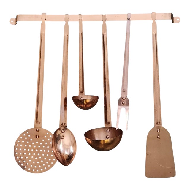 Vintage Solid Copper Kitchen Utensil Set With Hanging Rack, 7 Pieces For Sale