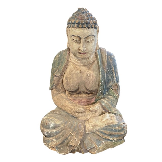 Vintage Meditating Wooden Lord Buddha 19" H For Sale - Image 4 of 10