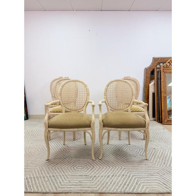 Mid-Century Modern Set of 6 Vintage Cane Dining Chairs Coastal Chic W/ Captains Chairs Hollywood For Sale - Image 3 of 16