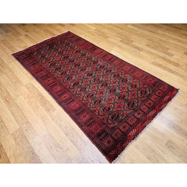 Persian Vintage Turkmen Area Rug, Hand-Knotted Wool, Allover Geometric Pattern, Pistachio Green & Red, 4x8 For Sale - Image 3 of 18