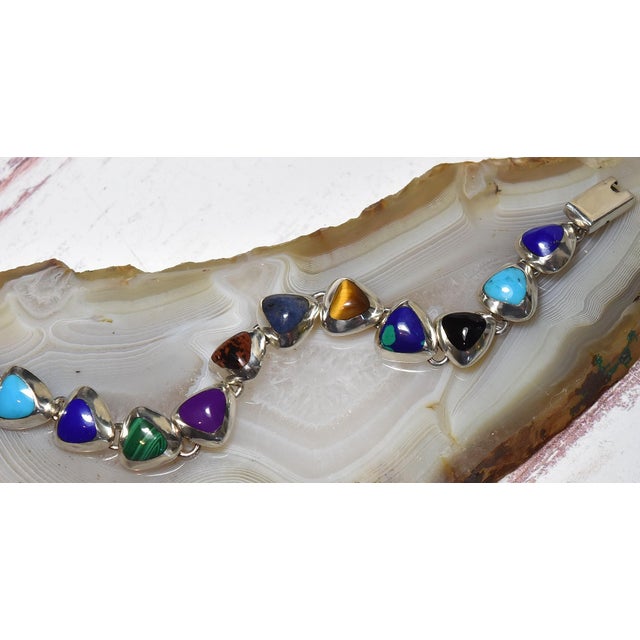 Vintage Mexican 950 Sterling Silver Multi Gemstone Tennis Bracelet Vibrant colored Gemstones are bezel set in solid 950...