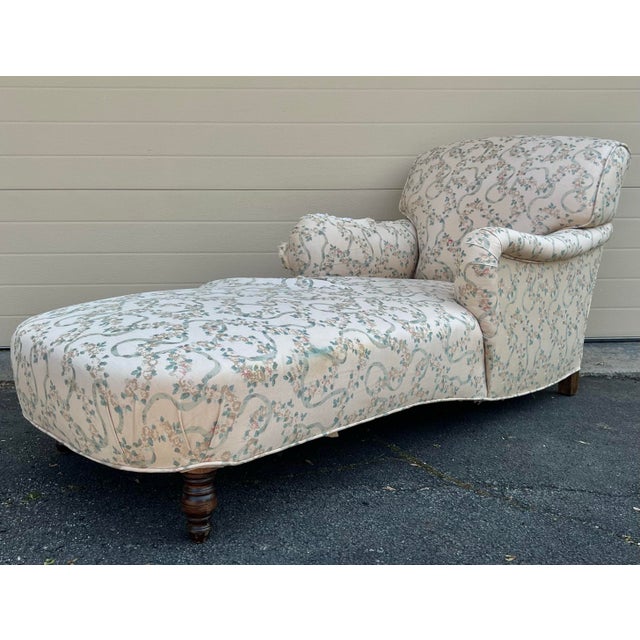 George Smith Standard Arm Chaise in vintage linen Bennison “Ribbons” fabric. The chaise has turned mahogany legs.