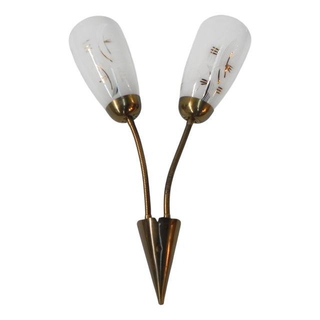 Vintage Wall Lamp with Tube Rods and 2 Glass Shades, 1950s For Sale