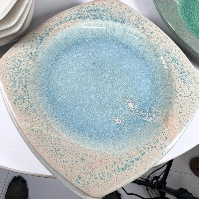 Beige 1980s Modern Set of 9 Square Plates Sculptural Art Pottery For Sale - Image 8 of 10