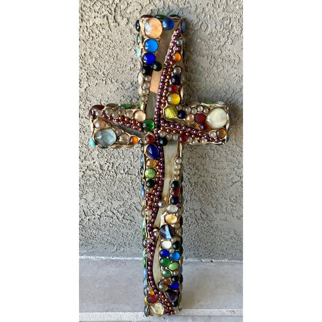 Late 20th-Century Mosaic-Style Faux "Jeweled" Stone, Glass & Wood Cross Wall Hanging For Sale - Image 15 of 16