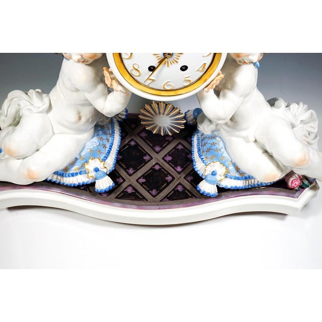 Blue Vintage Art Deco Mantle Clock with Two Putti by Paul Scheurich for Meissen, 1920s For Sale - Image 8 of 13