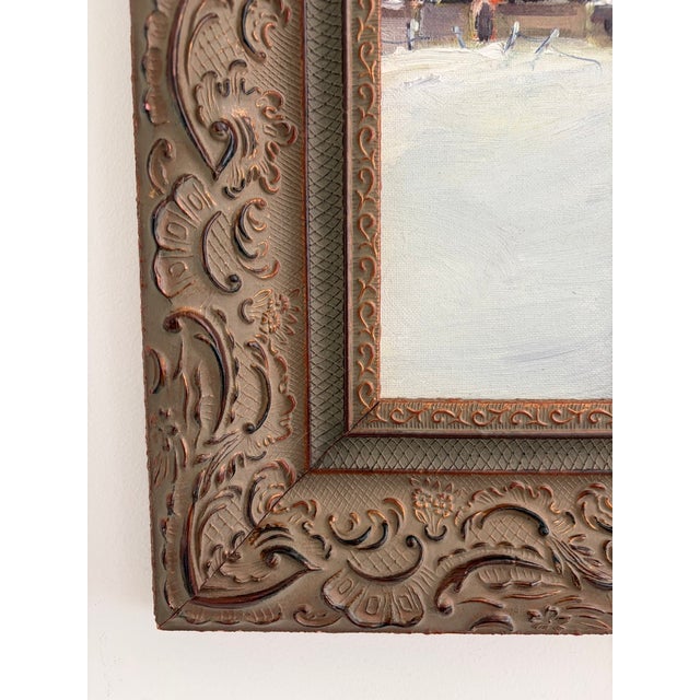 Sienna Vintage Original Oil Painting on Board – Snowy Farm and Barn Winter Landscape – Ornate Frame For Sale - Image 8 of 17