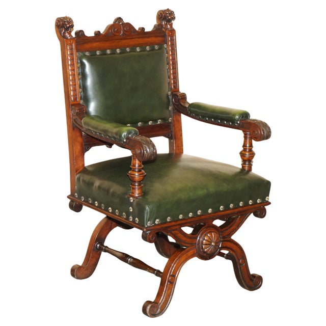 Antique English Hand Carved Throne Armchair in Green Leather, 1880 For Sale