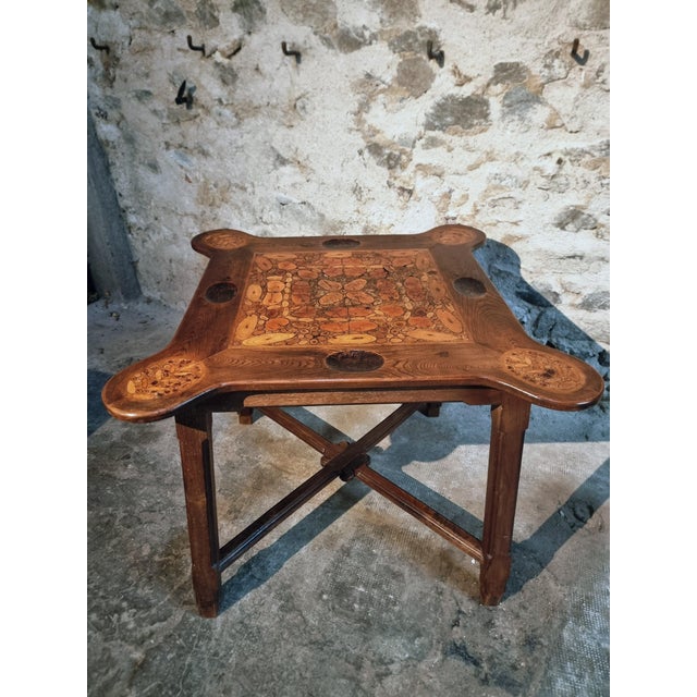 Mid-Century Modern Mid-20th Century French Elm Marquetry Game Table with Intarsia Inlay and Round Corner Cutouts, 1950s For Sale - Image 3 of 15