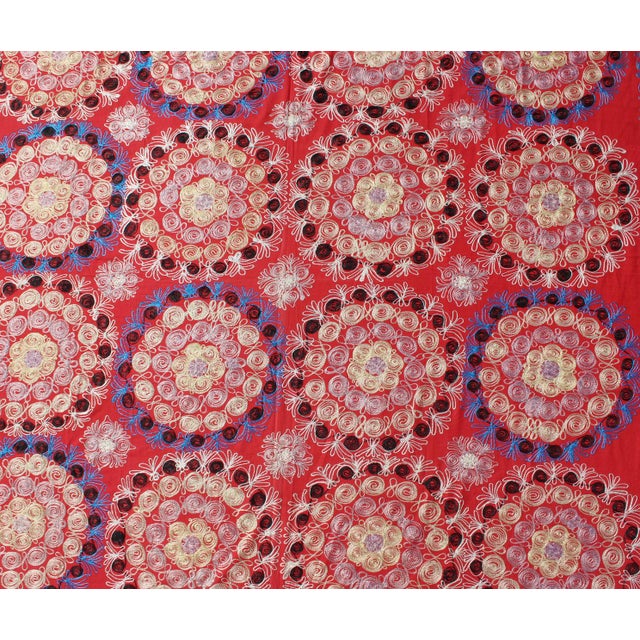 Unusually Large Silk Embroidery Suzani With Soft Red & Beautiful Vivid Colors For Sale - Image 9 of 13