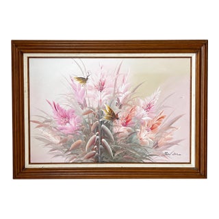 Vintage Signed Pastel Floral & Butterfly Oil Painting in Wood Frame For Sale