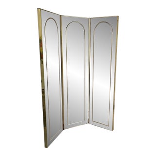 Hollywood Regency 1970s Brass Mirrored 3-Panel Screen For Sale