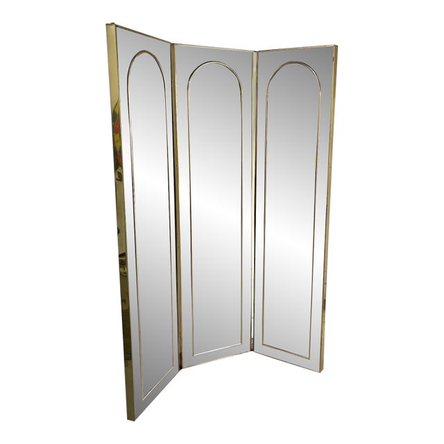 Hollywood Regency 1970s Brass Mirrored 3-Panel Screen For Sale