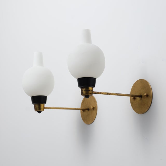 Vintage Italian Sconces in Brass and Opaline Glass, 1950s, Set of 2 For Sale - Image 4 of 12