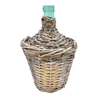 Antique Basket Covered Green Glass Bottle For Sale
