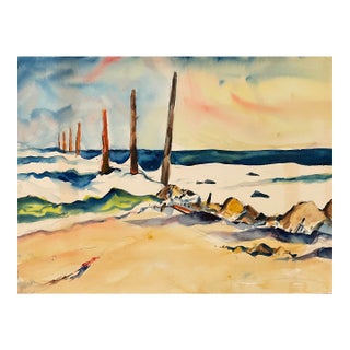 1960 Arthur Sembler Virginia Beach Jetty Watercolor For Sale