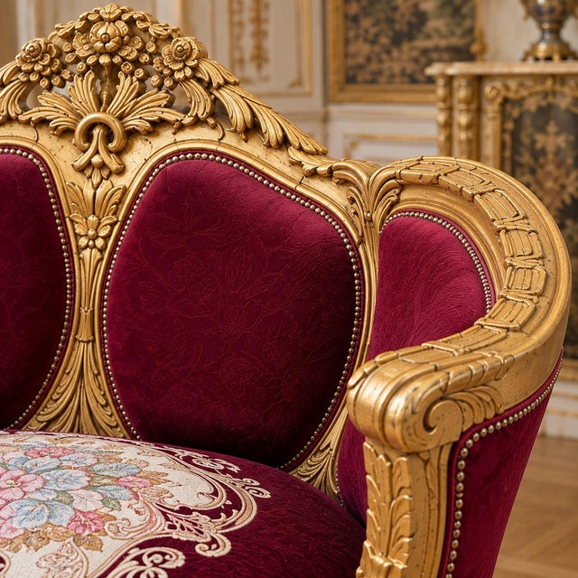 1960 Artisan Louis XVI Burgundy Beech Sofa Set-3 Pc For Sale - Image 10 of 16