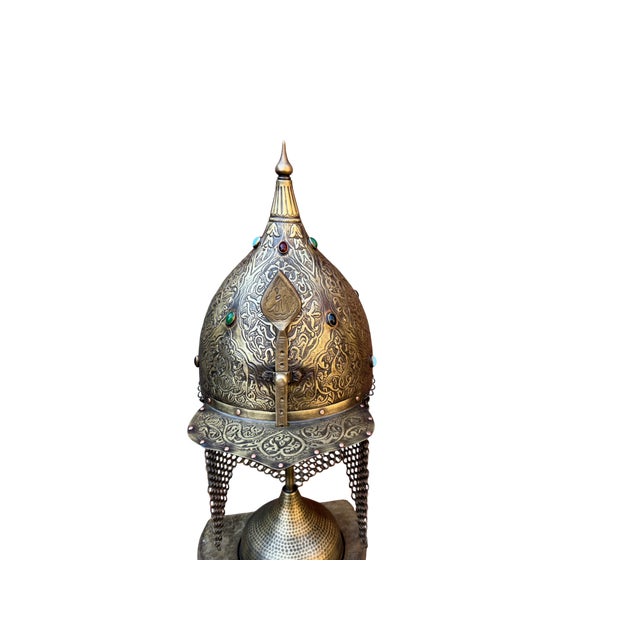 Jeweled Brass Warrior Helmet; it is an executive gift and museum-quality display piece of serious historical metalwork....
