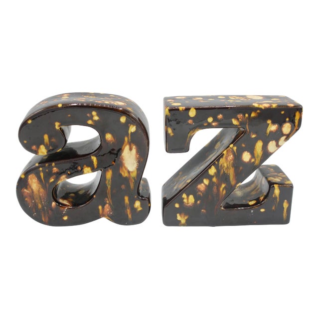 Vintage Mid Century Modern A-Z Ceramic Block Letter Bookends For Sale