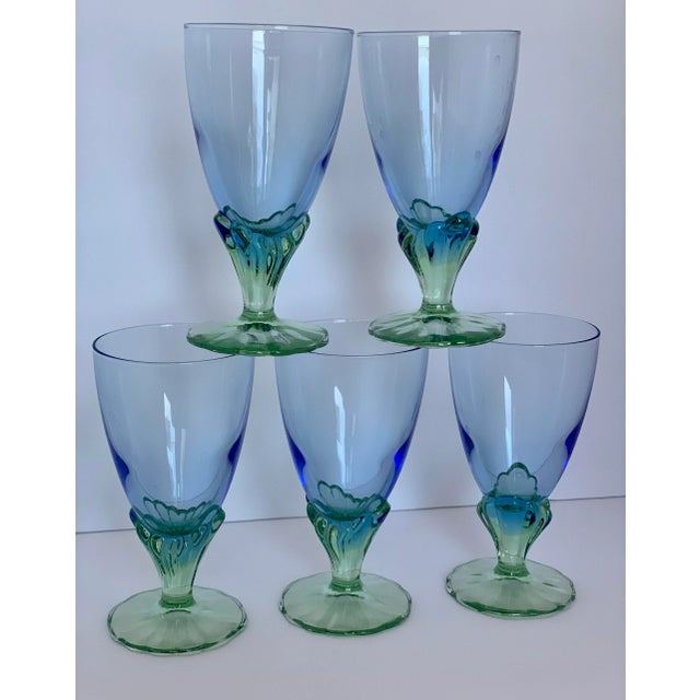 Glass Vintage Bi-Colored, Green and Blue, Hand-Blown Water Goblets, 'Bahia' by Italy's Bormioli Rocco- Set of 10 For Sale - Image 7 of 10