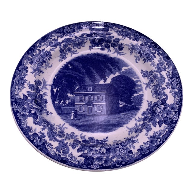 Early 20th Century Minton Blue Transferware Plate Featuring Letitia Hall, Home of William Penn. For Sale