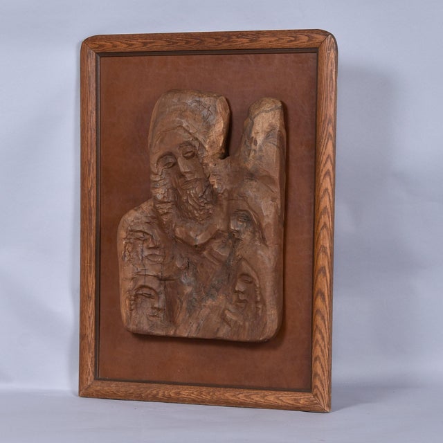 Hand-Carved Wood Relief Portrait With Leather Backdrop and Oak Frame For Sale - Image 11 of 13