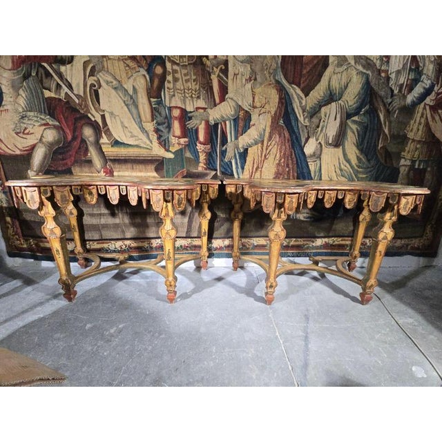 Venetian Polychrome and Giltwood Consoles in the style of Lacca Povera, 1790, Set of 2 For Sale - Image 3 of 18