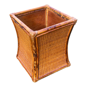 Vintage Curved Rattan Bamboo Wastebasket