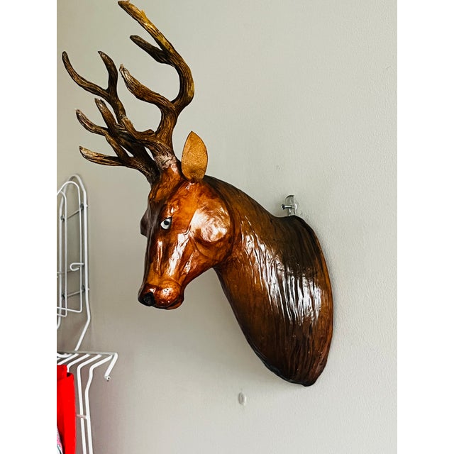 1960s Hanging Stag Head Leather Deer Head Wall Mounted Sculpture Wall Decor For Sale - Image 4 of 10
