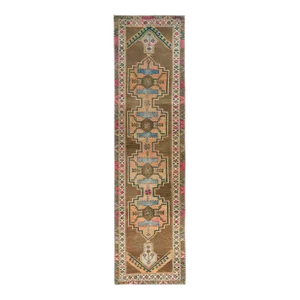 1960s Hazelnut Brown Vintage Northwest Persian With Serrated Medallions Distressed Hand Knotted Wool Wide Runner
