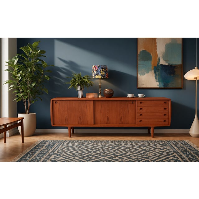 1970s Long Sideboard in Teak with Drawers and Sliding Doors from H.P. Hansen, 1960s For Sale - Image 5 of 18