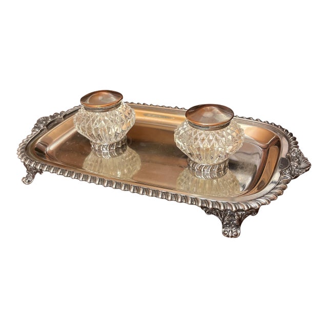 19th Century Sheffield Pen Tray With Crystal Inkwells - 3 Pieces For Sale