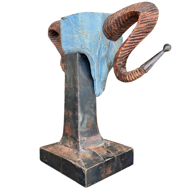 Vintage Turquoise Tone Unique Ram Head Sculpture on Base For Sale In Los Angeles - Image 6 of 8