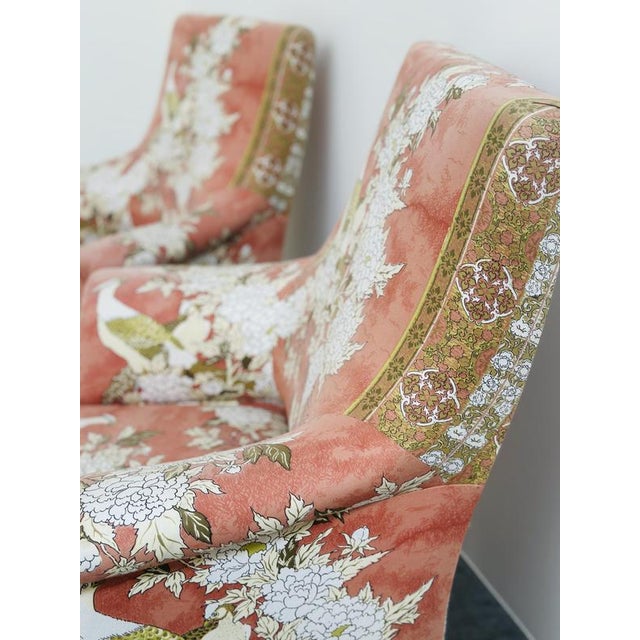 Red Upholstered Slipper Lounge Chairs Depicting Pheasants and Peon, Set of 2 For Sale - Image 8 of 13