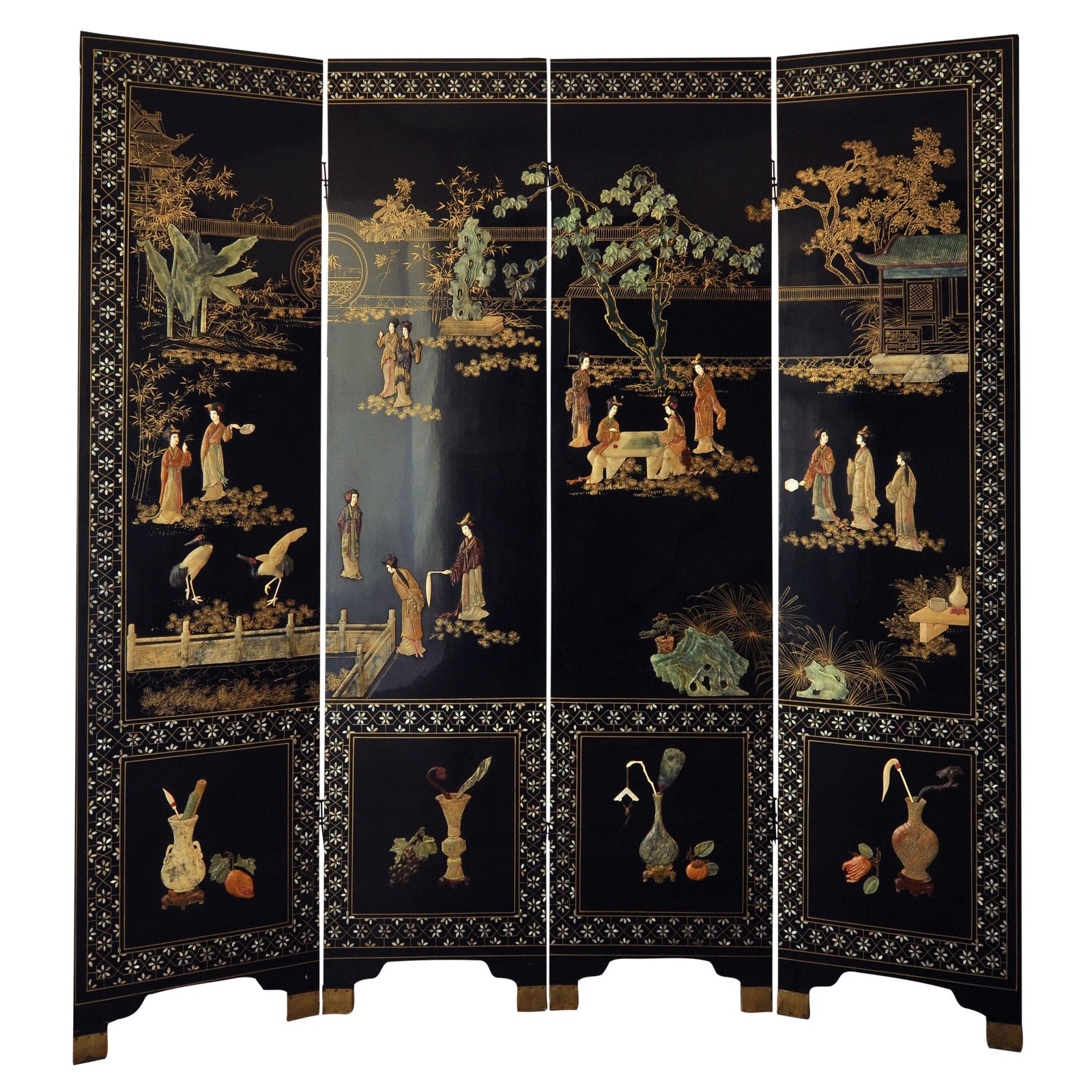 Vintage Chinese 4 Panel Lacquered Hardstone Screen Chairish