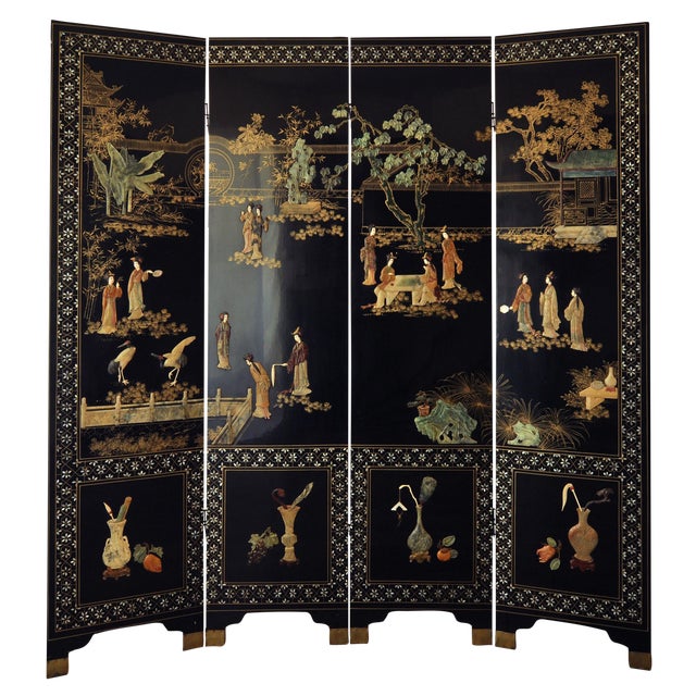 Vintage Chinese 4 Panel Lacquered Hardstone Screen Chairish