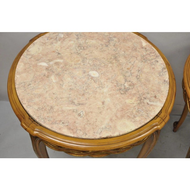 Mid 20th Century French Provincial Hollywood Regency Round Pink Marble Top Side Tables - A Pair For Sale - Image 5 of 12