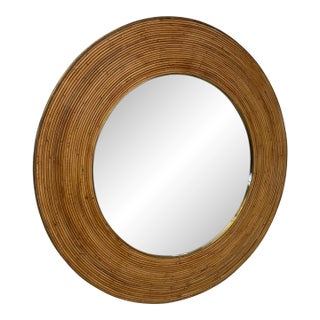 Vintage Round Bamboo Mirror With Wide Frame For Sale