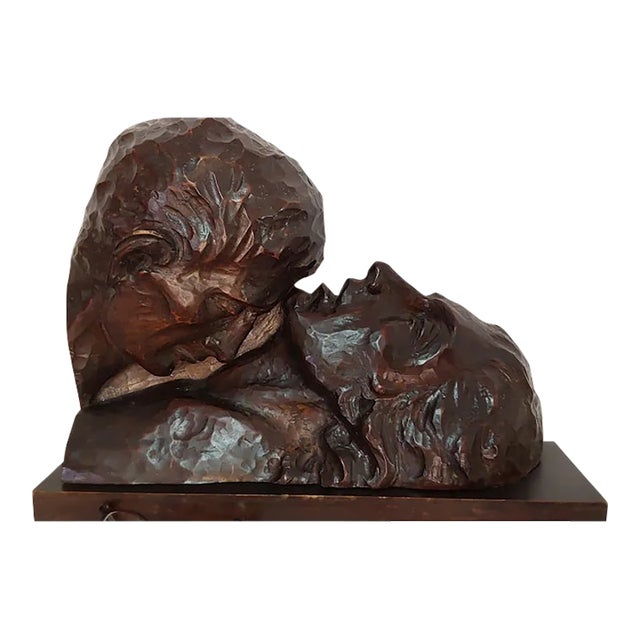 Vintage French Sculpture of Lovers, Signed, Hand Carved Wood For Sale